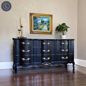 Black Vintage French Provincial Dresser | Gold Hardware & Detail | 9 Drawer | Restored Furniture