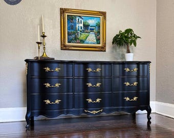 Black & Gold French Provincial Vintage Dresser - Brass Detail - Wide Storage Solution - 9 Drawer - March Week 2 Collection
