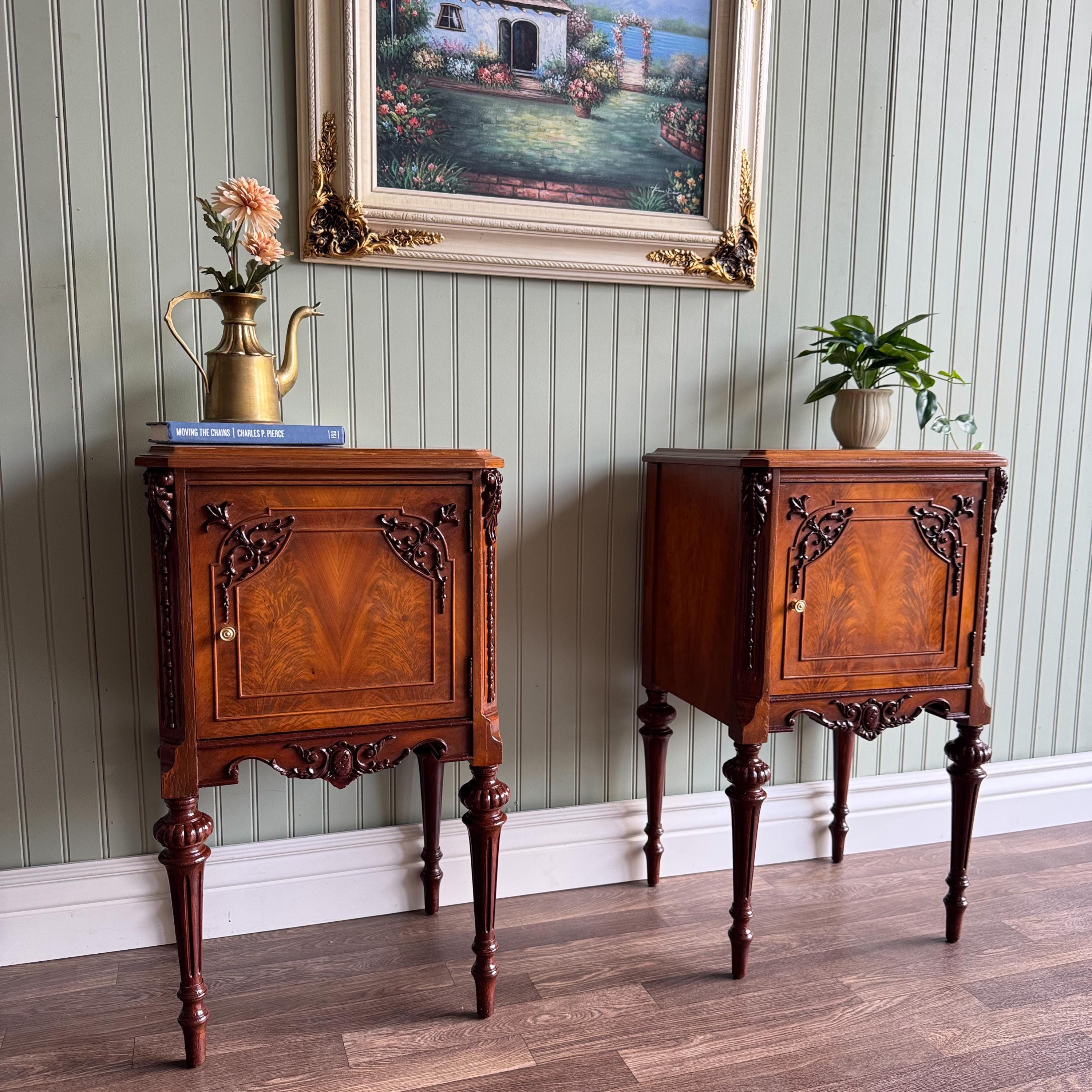 Mahogany Antique Victorian Pair of Nightstands | Gold Hardware