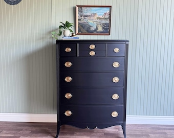 Black Vintage French Country Chest of Drawers | Gold Hardware | 8 Drawer | Restored Furniture