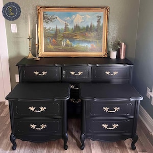 Black Vintage French Provincial Dresser Set | Gold Hardware | 9 Drawer Dresser + 2 Drawer Nightstand | Basset | Restored Furniture