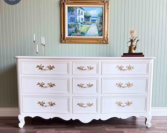 White & Gold French Provincial Vintage Dresser - Wide Storage Solution - 9 Drawer - Kindel - April Week 1 Collection