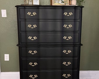 Stylish Vintage Black & Brass French Provincial Chest of Drawers