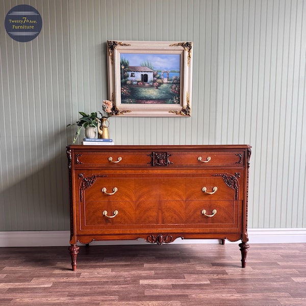 Mahogany Antique Victorian Buffet/Dresser with Flame Venner | Gold Hardware | 3 Drawer | Restored Furniture