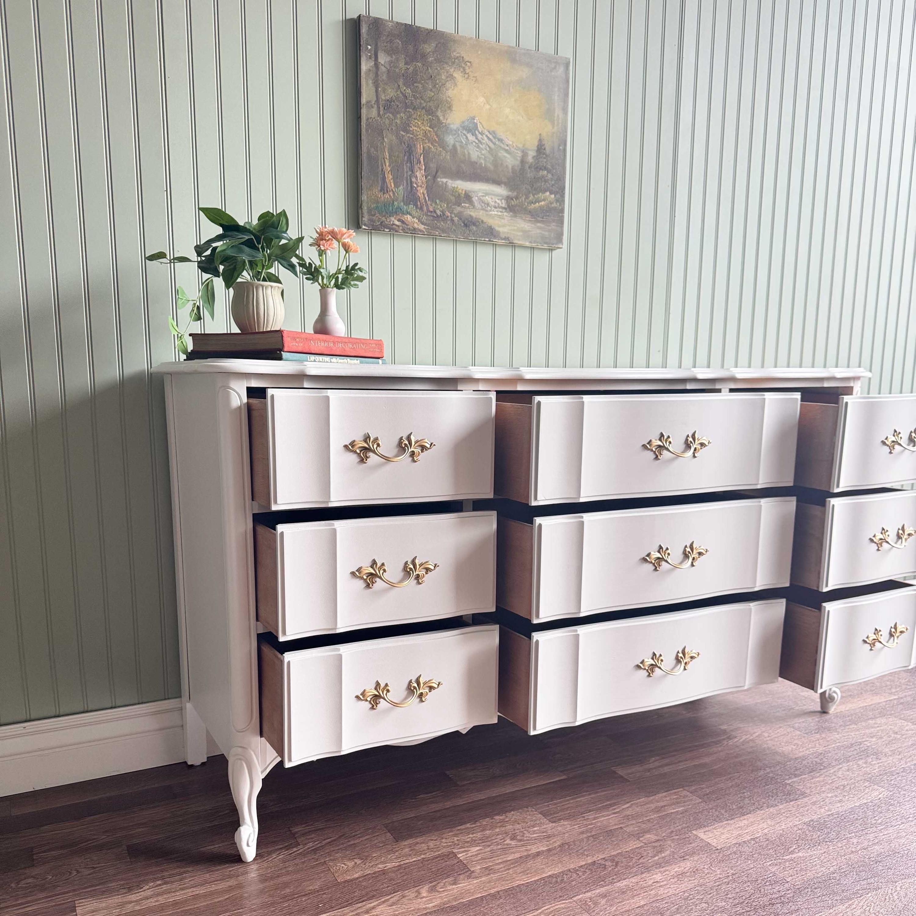 White Vintage French Provincial Dresser Set | Gold Hardware | 9 Drawer Dresser + 2 Drawer Nightstands | Dixie | Restored Furniture