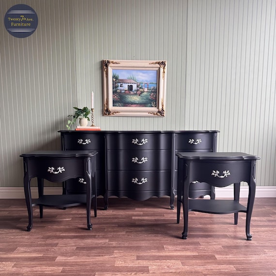 black silver dresser Vintage French Provincial Set | Hardware | 9 Drawer Dresser + 1 Drawer Nightstands | Dixie | Restored Furniture Size:L/8 Suitable for larger spaces 2023Fall Lori Lace Maxi Dress