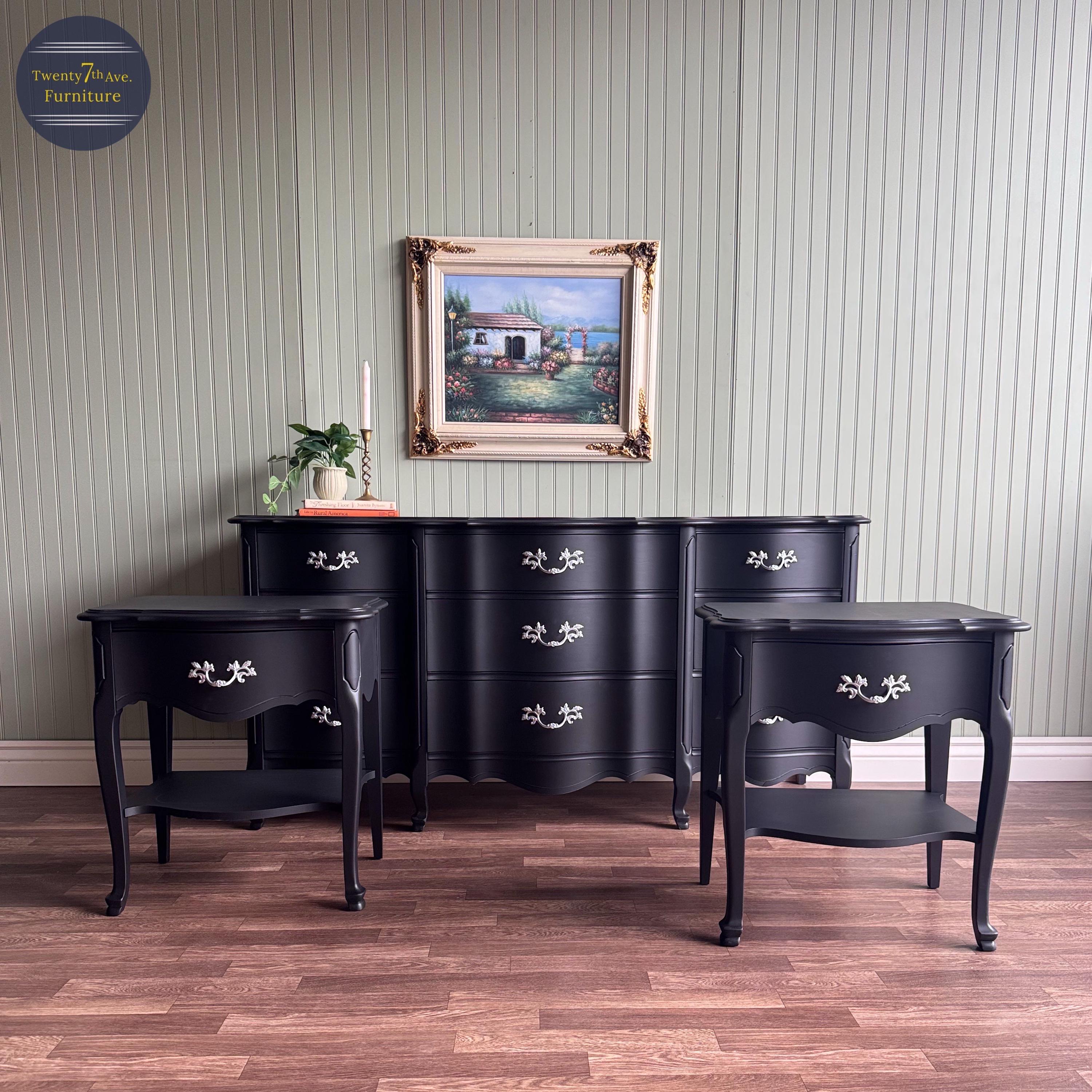 french provincial black dresser Vintage Set | Silver Hardware | 9 Drawer Dresser + 1 Drawer Nightstands | Dixie | Restored Furniture Color:VINTAGE WHITE WY West Coast 3.10MD30 Black Strapless Tiered Tulle