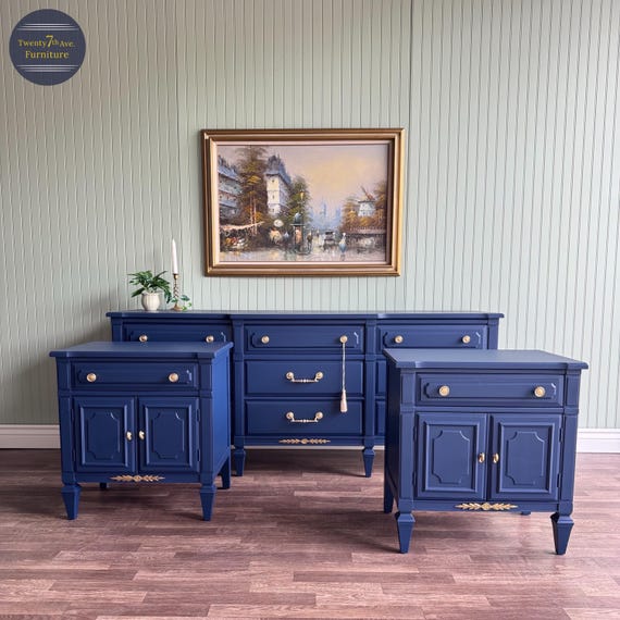 blue dresser set Vintage Mid-Century Modern | Gold Hardware & Detail | 9 Drawer Dresser + 1 Drawer Nightstand best of eoss Color:Nocturnal Navy Sequins Black Fayth Dress X-Small lasting use Specifications