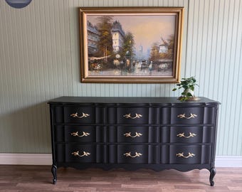 Black Vintage French Provincial Dresser | Gold Hardware & Detail | 9 Drawer | Restored Furniture