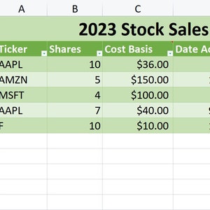 May include: A spreadsheet showing 2023 Stock Sales History and Capital Gains. The spreadsheet includes columns for Ticker, Shares, Cost Basis, Date Acquired, Sales Price, Date Sold, Gain, and Term. The spreadsheet shows the sales history of five different stocks, including Apple (AAPL), Amazon (AMZN), Microsoft (MSFT), and an unknown stock with the ticker symbol "F".