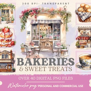 Watercolor Bakery Clipart, Png Baking clipart, Pão, padaria, Doces, baguete, Xícaras de chá, Uso Comercial.
