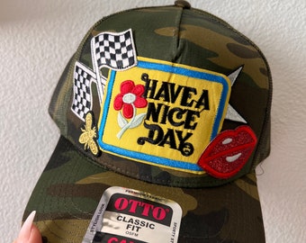 Have a nice day, benutzerdefinierte Camo Print Trucker-Hut, Lippen, Flagge, Kuss