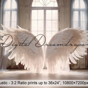 May include: A pair of large, white angel wings with feathery details, set against a backdrop of a rustic, white-washed room with windows. The text "Digital Dreamdrops" is visible in the centre of the image.