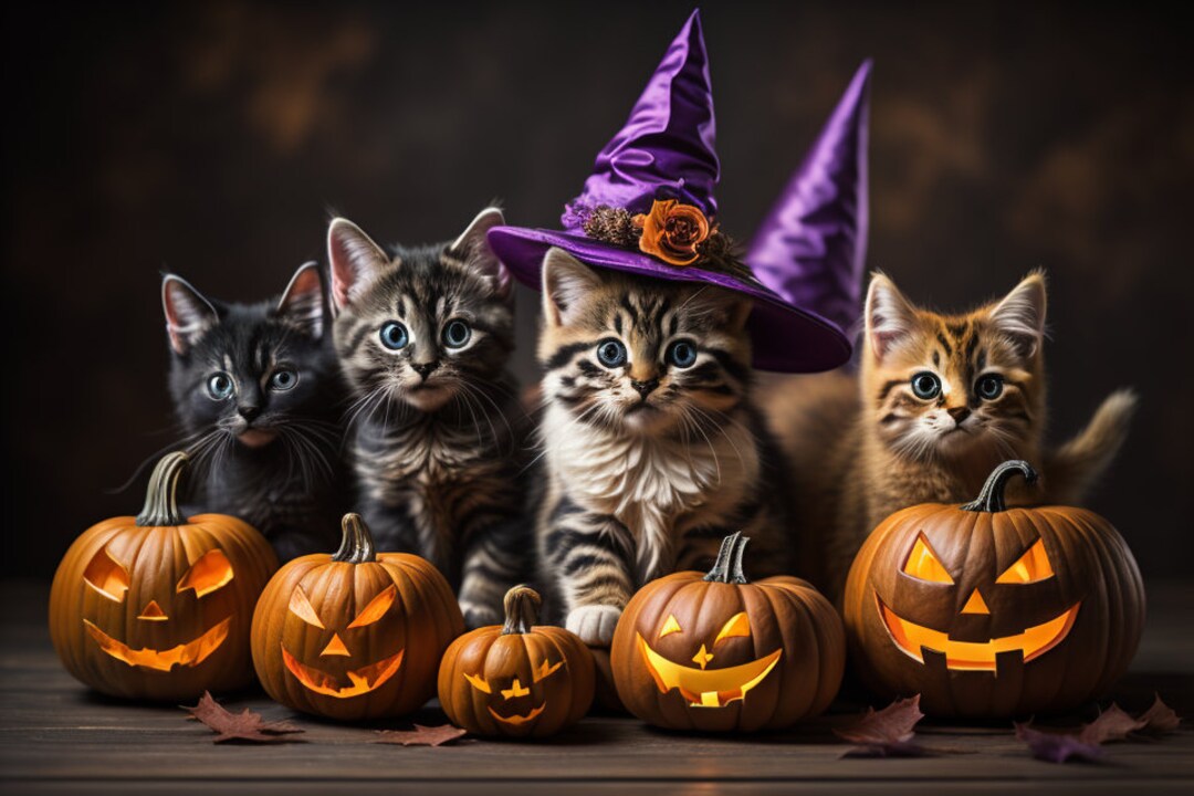 Cute Halloween Kittens With Pumpkins Print Etsy