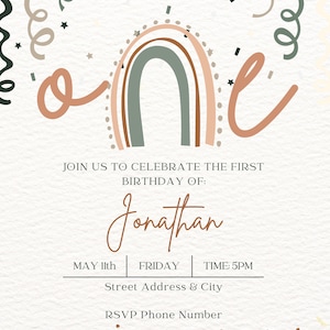 Invitaciones personalizadas del primer cumpleaños del arco iris de Boho