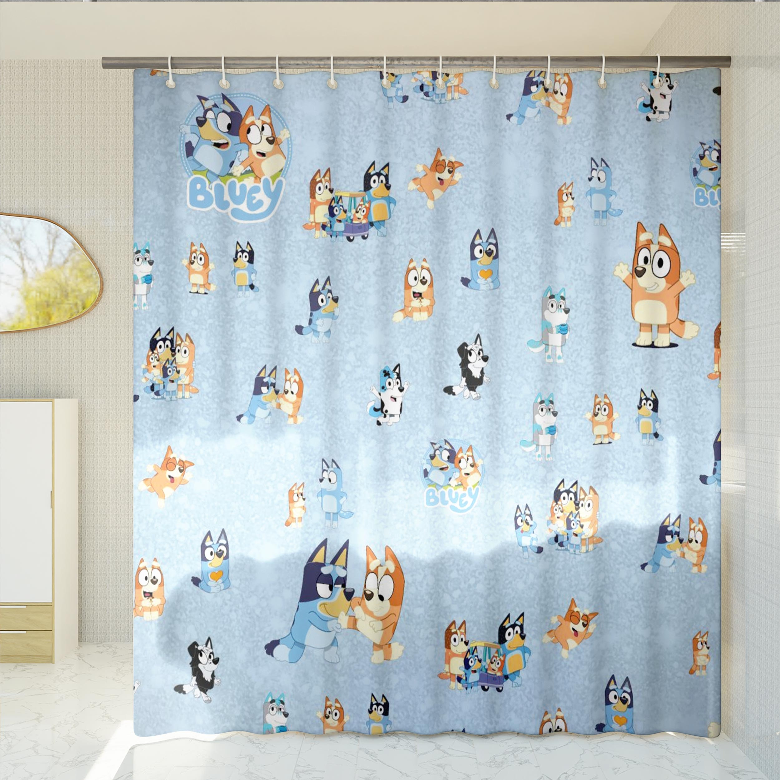 Bluey Family Summer Vacation Shower Curtain, Bluey Bingo Bathroom Decor