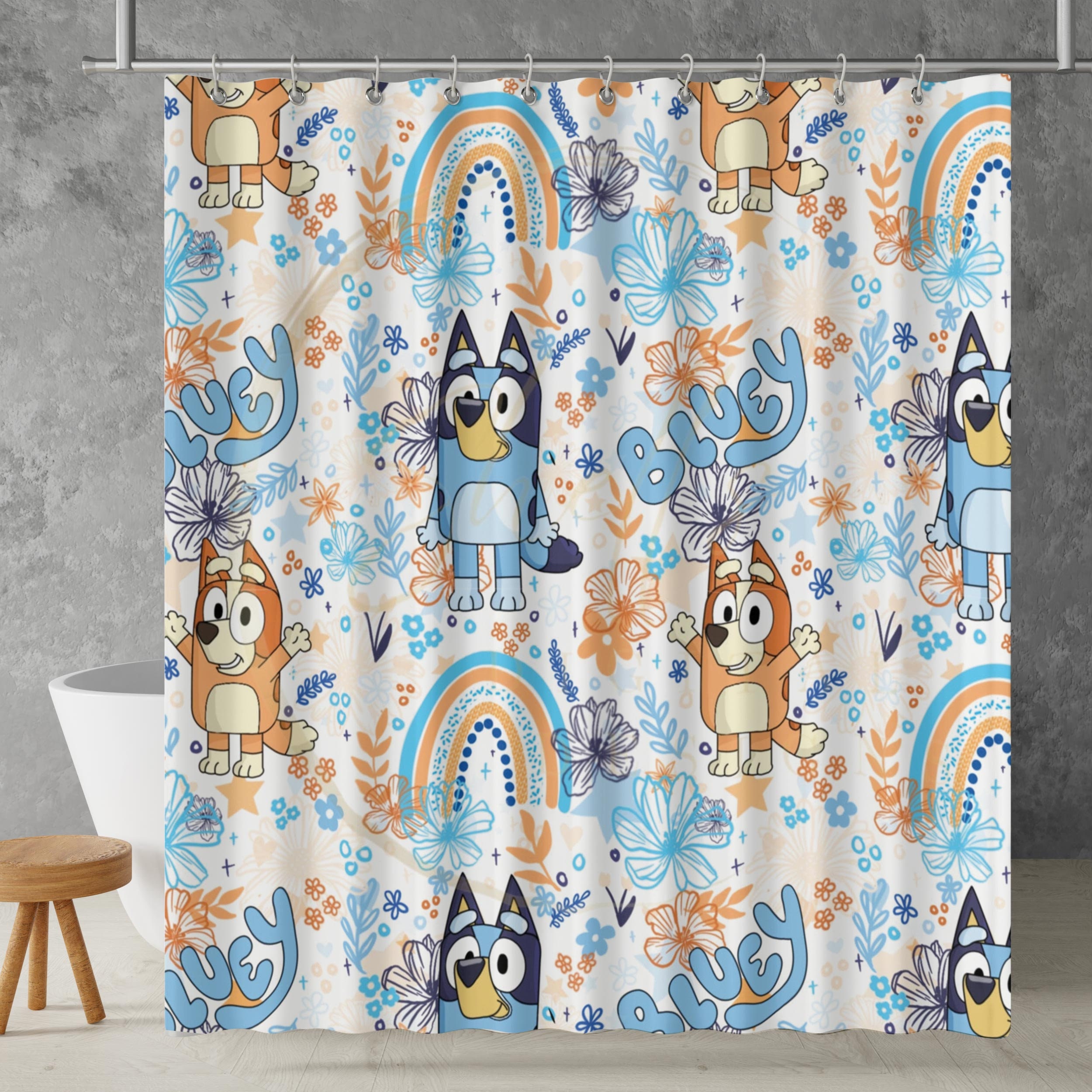 Bluey Family Summer Vacation Shower Curtain, Bluey Bingo Bathroom Decor