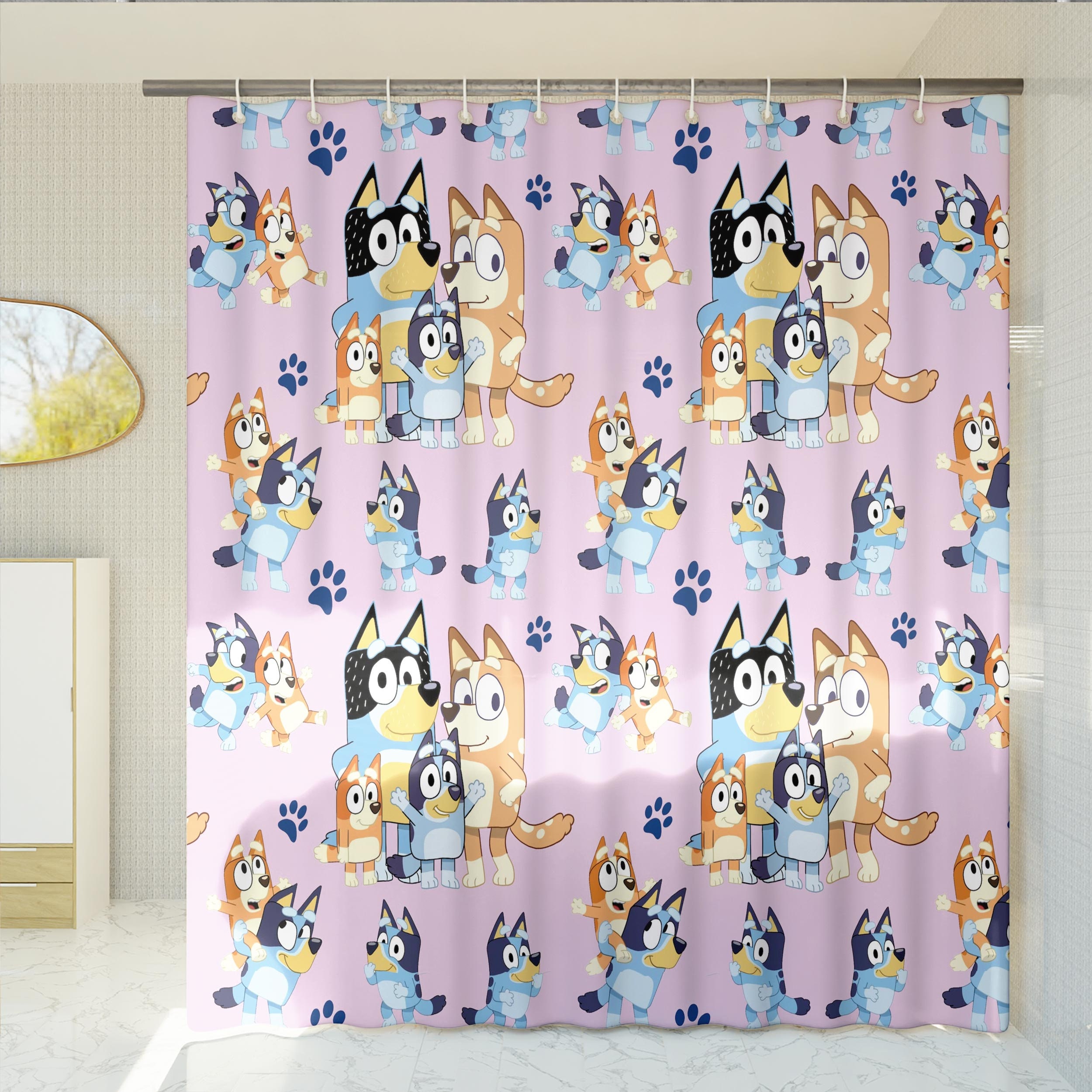Bluey Family Summer Vacation Shower Curtain, Bluey Bingo Bathroom Decor