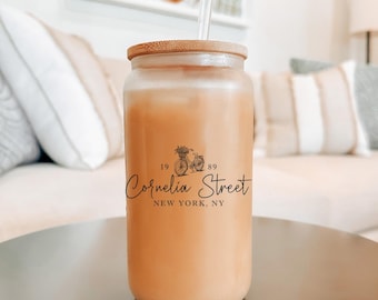 Cornelia Street-Inspired Glass Cup – 16 oz Iced Coffee Glass with Bamboo Lid & Straw