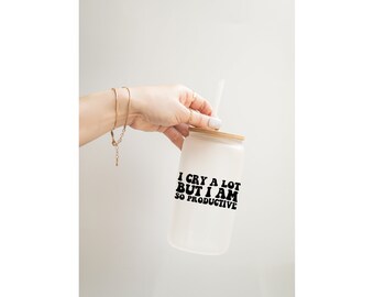 I cry a lot but I am so productive TTPD 16oz Glass Cup with Lid