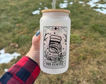 Frosted Glass Coffee Cup with Lid & Straw – Tarot Card Inspired Coffee Design
