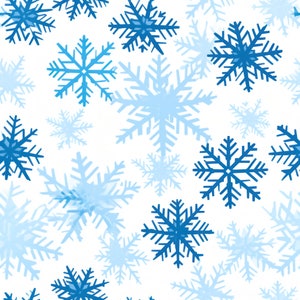 May include: A seamless pattern of blue snowflakes on a white background. The snowflakes are of varying sizes and are arranged in a random pattern.