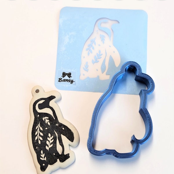 BansyTools - Reusable underglaze silkscreen and cutter kit: "Christmas Penguin" - image silkscreen for use with underglaze on clay & cutter.