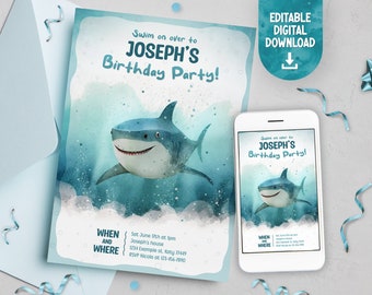 Shark Birthday Invitation, Shark Birthday Invite, Shark Party, Ocean Birthday, EDITABLE, INSTANT DOWNLOAD