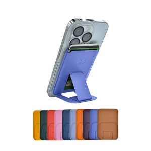 Cartera minimalista Magsafe con soporte para iPhone 16, 15, 14, 13 y 12 Pro, Pro Max y Mini. Bloqueo RFID. Capacidad para 3 tarjetas. Piel vegana. Azul Liberty.