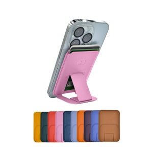 Cartera minimalista Magsafe con soporte para iPhone 16, 15, 14, 13 y 12 Pro, Max, Plus y Mini. Bloqueo RFID. Capacidad para 3 tarjetas. Piel vegana. Color rosa bebé.