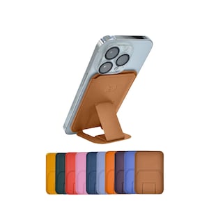 Soporte minimalista Magsafe para iPhone 16, 15, 14, 13, 12 Pro, Max, Plus y Mini. Bloqueo RFID. Capacidad para 3 tarjetas. Piel vegana. Marrón dorado.