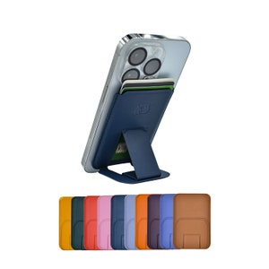 Cartera minimalista Magsafe con soporte para iPhone 16, 15, 14, 13 y 12 Pro, Max, Plus y Mini. Bloqueo RFID. Capacidad para 3 tarjetas. Piel vegana. Azul oscuro.