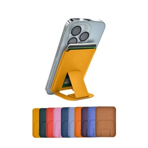 Soporte minimalista Magsafe para iPhone 16, 15, 14, 13, 12 Pro, Max, Plus y Mini. Bloqueo RFID. Capacidad para 3 tarjetas. Piel vegana. Color amarillo miel.