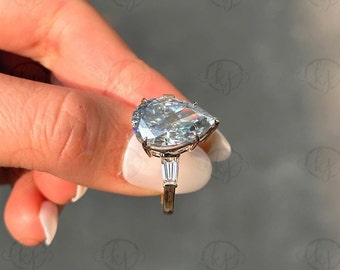 3,68 Karat grauer VVS1-Moissanit-Ring im Birnenschliff / Verlobungsring / Ehering aus 14 Karat Weißgold / Solitär-Moissanit-Ring mit 3 Steinen für Sie