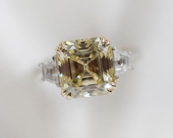 6.10 CT Champagne Asscher Cut VVS1 Anillo Moissanite / Anillo para compromiso / Anillo de boda de oro blanco de 14K / Anillo Moissanite solitario de 3 piedras