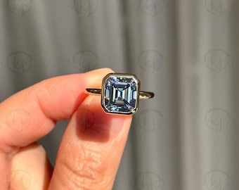 3.01 Ct azul Asscher corte VVS1 anillo de moissanita / anillo para compromiso / anillo de boda de oro amarillo de 14K / anillo de moissanita de solitario único para ella