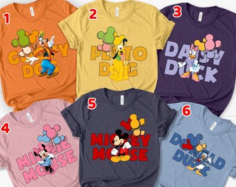 Matching Disney Characters Unisex T-shirt, Mickey Minnie Goofy Daisy Donald Pluto With Balloons Shirt, Disneyland Family Crew Trip Shirt