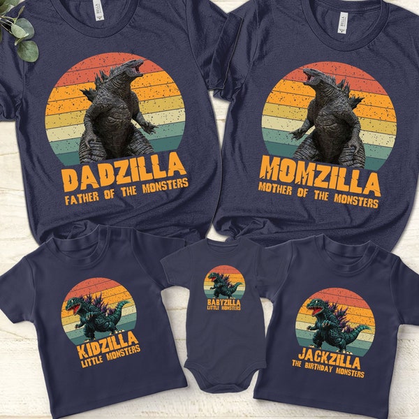Personalize Vintage Godzilla Birthday Unisex T-shirt, Godzilla Family Shirt Custom Momzilla Dadzilla Kidzilla Babyzilla Birthday Party Shirt