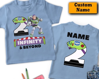 Dois infinitos e além de camisas para crianças e jovens, camisa de aniversário da Disney Toy Story, nome personalizado Woody Buzz Lightyear presente de camisa de aniversário