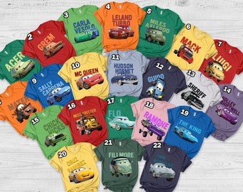 Disney Cars Characters Birthday Unisex Tshirt Lightning McQueen Mater Tow Sally Carrera Cruz Ramirez Luigi Shirt Disneyland Trip 2024 Shirt