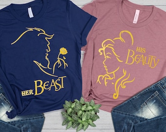 Beauty And The Beast Rose T-Shirts, Her Beast His Beauty Gold Foil Shirt, Disney Couple Shirts, Disneyland Couple Shirt, Dad Mom Couple Tee