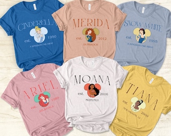 Disney Princess Character Unisex T-shirt, Disney Tiana Merida Snow White Ariel Elsa Moana Rapunzel Belle Cinderella Disneyland Crew Shirts
