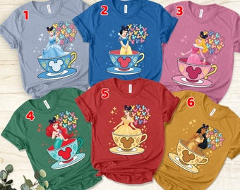 Disney Princess Tea Cup Topolino Palloncino Unisex T-Shirt, Principessa Personaggi Abbinati Ragazze Magliette, Magic Kingdom Disneyland Famiglia Crew Shirts