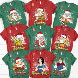 Disney Snow White and Seven Dwarfs Christmas T-Shirt, Grumpy Dopey Happy Sneezy Sleepy Doc Bashful Prince Costume Santa Shirt, Disney Family