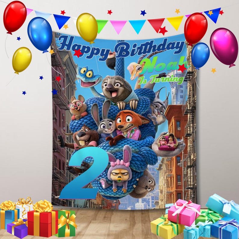 May include: A birthday banner featuring characters from the film Zootropolis, with the text "Happy Birthday Noah" and the number "2". The banner is decorated with balloons and colourful gift boxes.