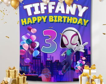 Ghost Spider Backdrop, Spidey and his Amazing Friends Birthday Banner, Gwen Birthday Party, Dessert Table Backdrop, Custom Name Spider Gift