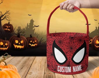 Action Custom Name Superhero Spider Mask Halloween Basket, Personalized Trick or Treat Bag, Kids Halloween Candy Bucket Boo Basket Gift