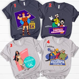 May include: Four graphic t-shirts featuring Disney characters and event logos. The shirts are navy blue and gray, with designs including Hercules, Goofy, Pocahontas, and characters from Kuzcotopia. Each shirt has the "runDisney" logo and "2026 Virtual 5K" text.