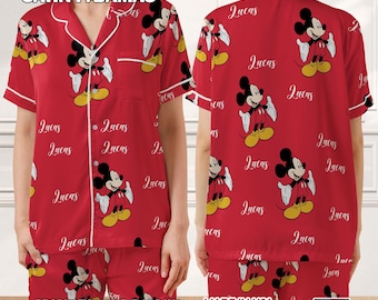 Custom Name Mickey Satin Pajamas Set, Personalized kids name Sleepwear, Disney Matching Pajamas, Disney Sleepwear, Mickey Mouse Pajamas
