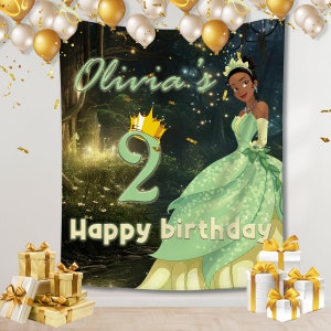 Fondo de cumpleaños de princesa Tiana personalizado para niña, pancarta de Tiana con nombre personalizado, fondo de princesa Tiana, regalo para niña, regalo de cumpleaños de Disney